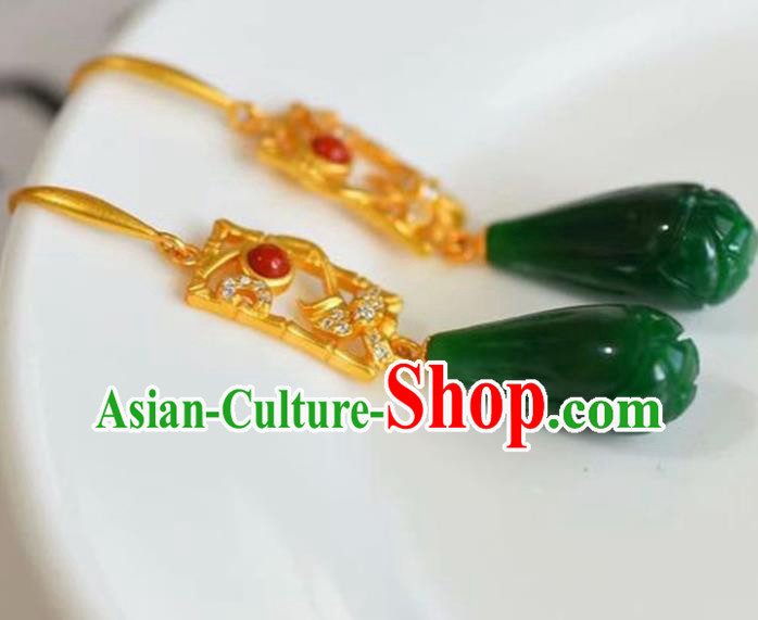 Handmade China Golden Eardrop Accessories National Cheongsam Earrings Traditional Jade Jewelry