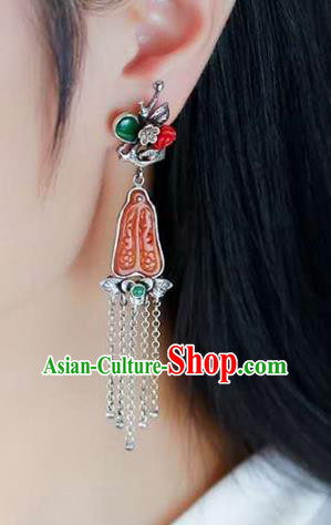 Handmade China National Cheongsam Earrings Agate Eardrop Accessories Traditional Silver Plum Tassel Jewelry