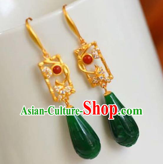 Handmade China Golden Eardrop Accessories National Cheongsam Earrings Traditional Jade Jewelry
