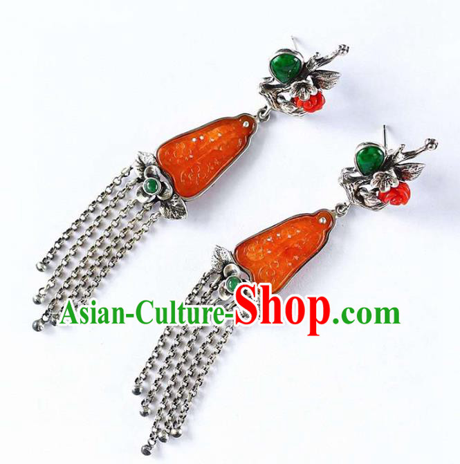 Handmade China National Cheongsam Earrings Agate Eardrop Accessories Traditional Silver Plum Tassel Jewelry