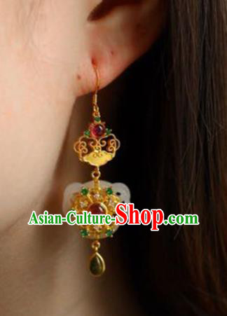 Handmade China Tourmaline Eardrop Accessories Traditional Jewelry National Cheongsam Jade Lock Earrings