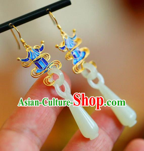 Handmade China Hetian Jade Eardrop Accessories Traditional Jewelry National Cheongsam Blueing Palace Earrings