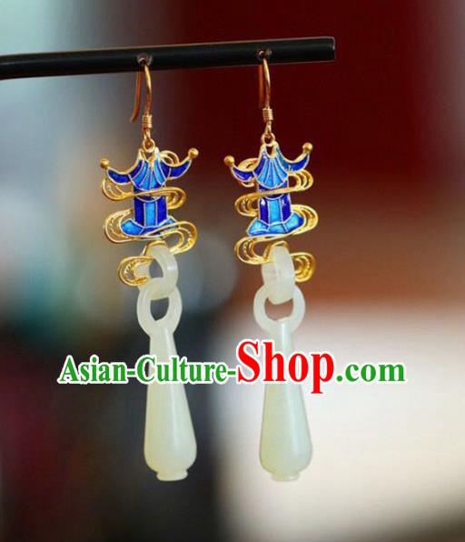Handmade China Hetian Jade Eardrop Accessories Traditional Jewelry National Cheongsam Blueing Palace Earrings