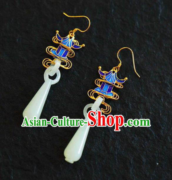 Handmade China Hetian Jade Eardrop Accessories Traditional Jewelry National Cheongsam Blueing Palace Earrings