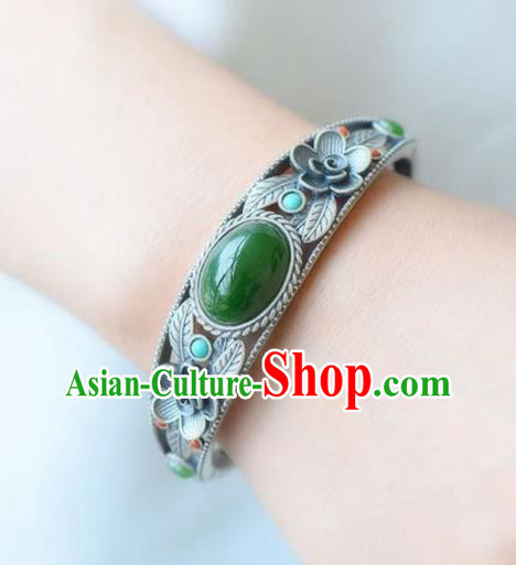 China Handmade Chrysoprase Bracelet Traditional Jewelry Accessories National Silver Carving Bangle