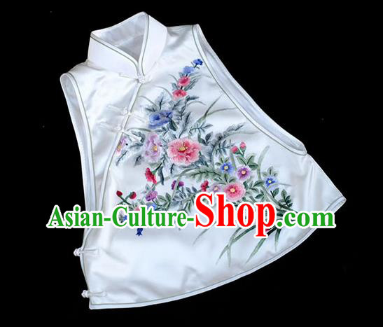 Chinese Traditional Waistcoat Costume Embroidered White Silk Vest Upper Outer Garment