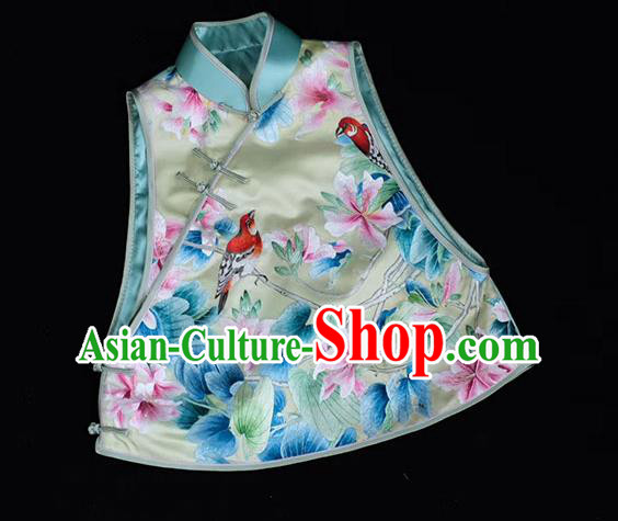 Chinese Embroidered Flowers Bird Vest Costume Traditional Upper Outer Garment Light Green Silk Waistcoat