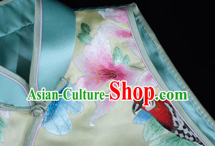 Chinese Embroidered Flowers Bird Vest Costume Traditional Upper Outer Garment Light Green Silk Waistcoat