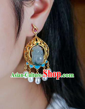 Handmade China Jade Carving Buddha Eardrop Accessories Traditional Pearls Jewelry National Cheongsam Golden Earrings