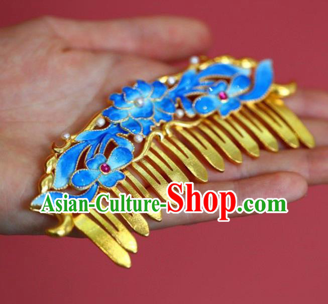 Chinese Traditional Cloisonne Lotus Hairpin Handmade Ancient Qing Dynasty Court Pearls Hair Comb