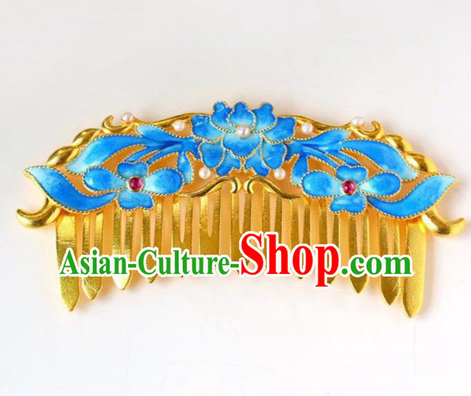 Chinese Traditional Cloisonne Lotus Hairpin Handmade Ancient Qing Dynasty Court Pearls Hair Comb