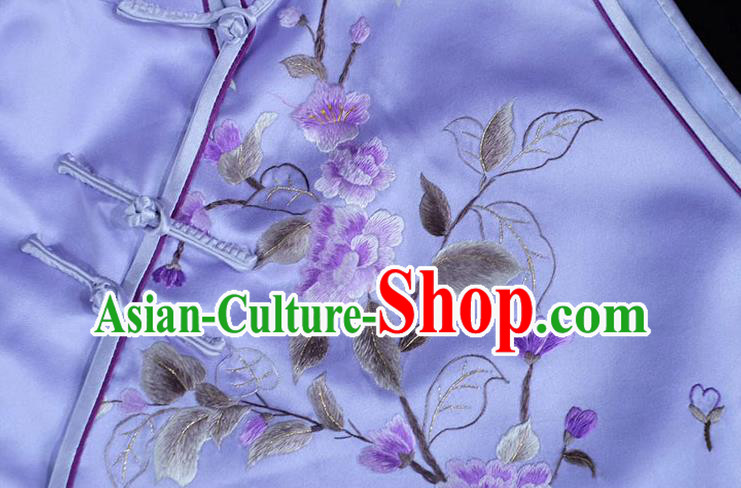 Chinese Traditional Upper Outer Garment Purple Silk Waistcoat Embroidered Flowers Vest Costume