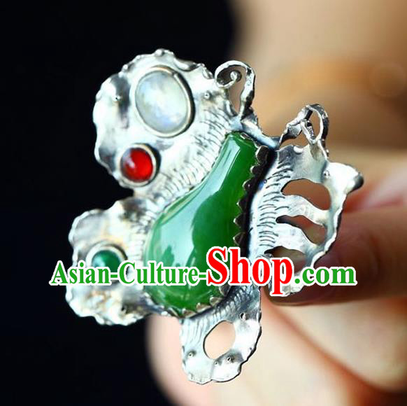 Chinese National Silver Butterfly Ring Jewelry Traditional Handmade Gems Circlet Jade Accessories