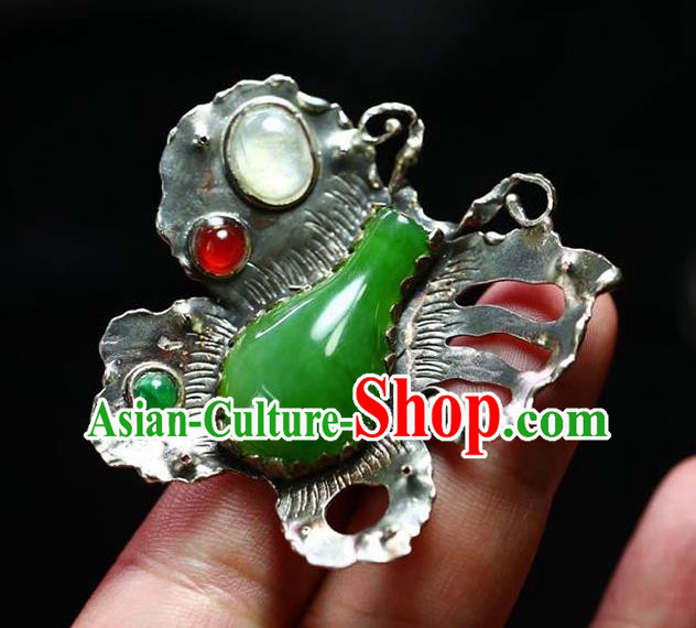 Chinese National Silver Butterfly Ring Jewelry Traditional Handmade Gems Circlet Jade Accessories