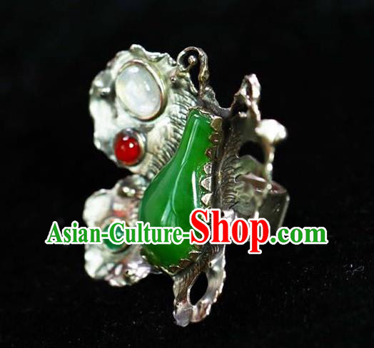 Chinese National Silver Butterfly Ring Jewelry Traditional Handmade Gems Circlet Jade Accessories