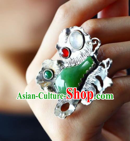Chinese National Silver Butterfly Ring Jewelry Traditional Handmade Gems Circlet Jade Accessories