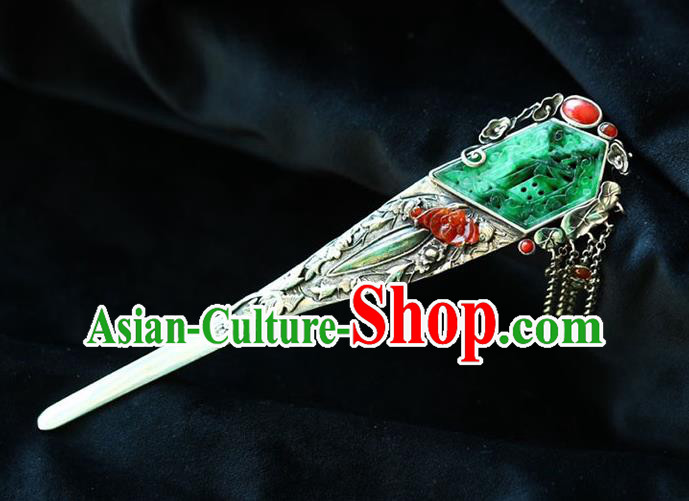 Chinese National Silver Hair Jewelry Traditional Handmade Jade Hair Accessories Tassel Hairpin