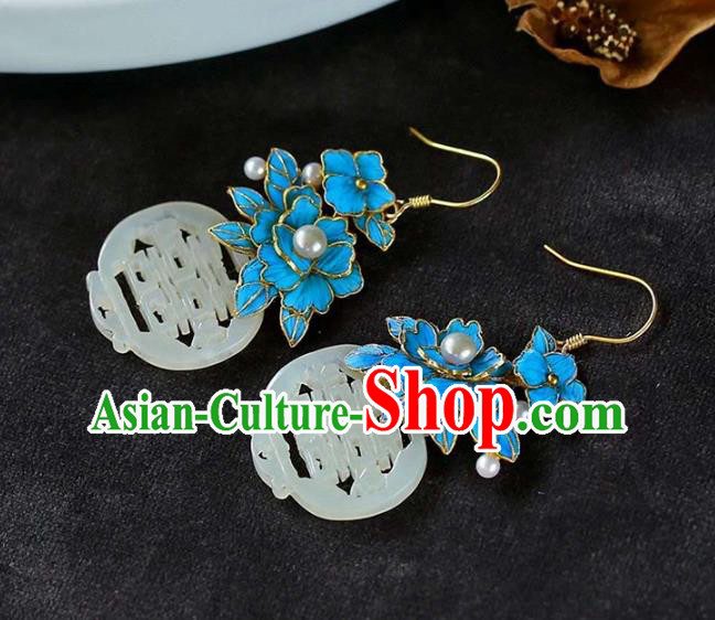 Handmade China Wedding Pearls Eardrop Accessories Jade Jewelry Traditional Cheongsam Blue Peony Earrings