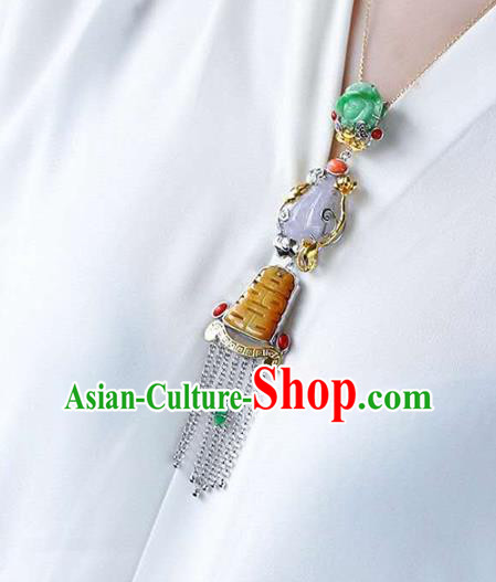 Chinese Classical Silver Tassel Necklace Handmade Jewelry Accessories National Wedding Jade Necklet Pendant