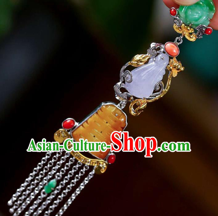 Chinese Classical Silver Tassel Necklace Handmade Jewelry Accessories National Wedding Jade Necklet Pendant