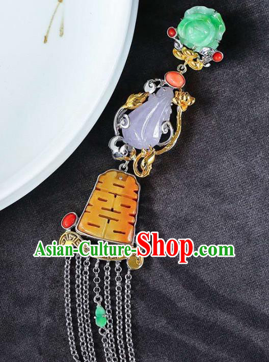 Chinese Classical Silver Tassel Necklace Handmade Jewelry Accessories National Wedding Jade Necklet Pendant