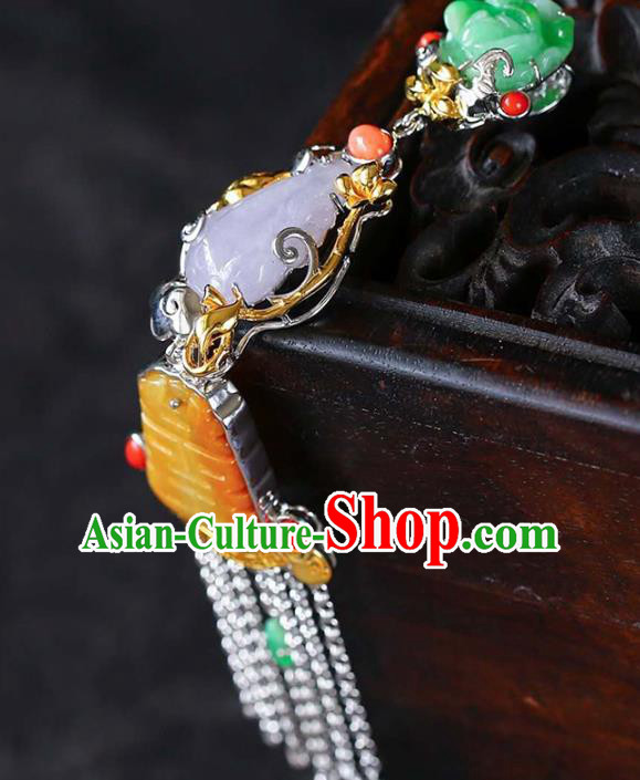 Chinese Classical Silver Tassel Necklace Handmade Jewelry Accessories National Wedding Jade Necklet Pendant