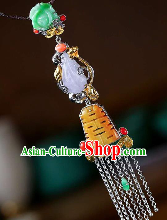Chinese Classical Silver Tassel Necklace Handmade Jewelry Accessories National Wedding Jade Necklet Pendant
