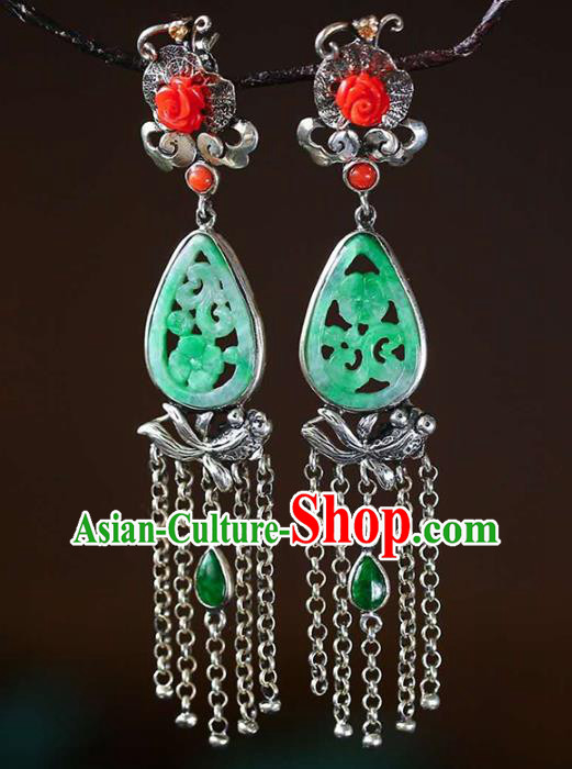 Handmade China National Cheongsam Silver Tassel Earrings Jade Eardrop Accessories Traditional Jewelry