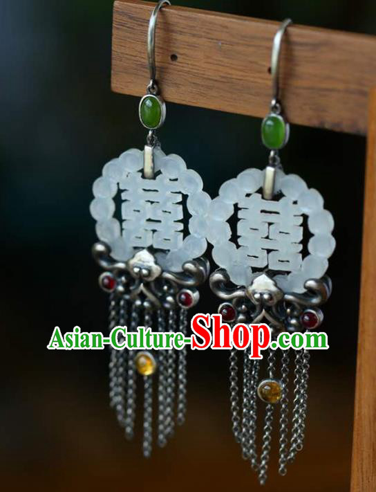 Handmade China Jade Eardrop Accessories National Cheongsam Silver Tassel Earrings Traditional Wedding Jewelry