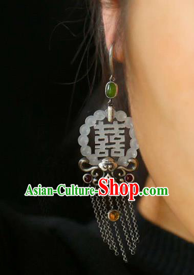 Handmade China Jade Eardrop Accessories National Cheongsam Silver Tassel Earrings Traditional Wedding Jewelry