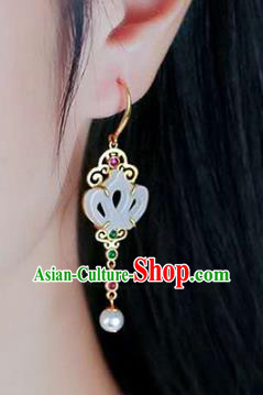 Handmade China Traditional Jewelry National Cheongsam Jade Earrings Golden Crown Eardrop Accessories
