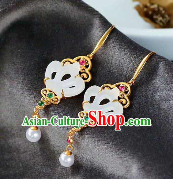 Handmade China Traditional Jewelry National Cheongsam Jade Earrings Golden Crown Eardrop Accessories