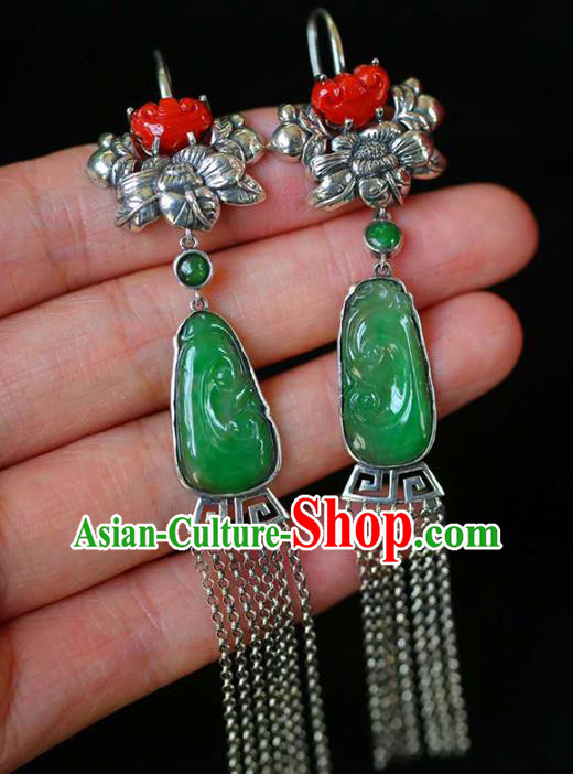 Handmade China Traditional Silver Tassel Eardrop National Jewelry Accessories Cheongsam Jadeite Earrings