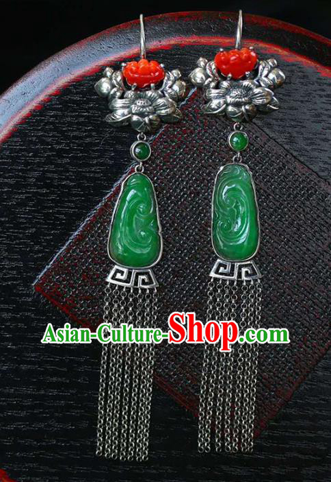 Handmade China Traditional Silver Tassel Eardrop National Jewelry Accessories Cheongsam Jadeite Earrings