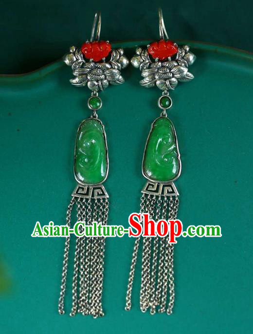 Handmade China Traditional Silver Tassel Eardrop National Jewelry Accessories Cheongsam Jadeite Earrings