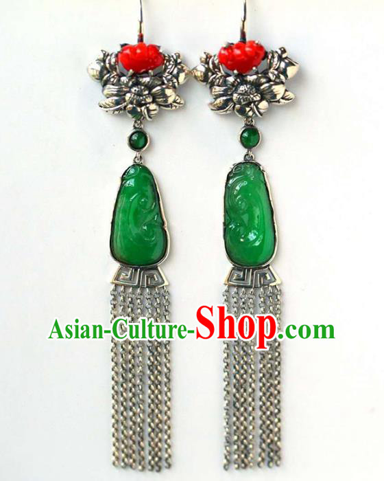 Handmade China Traditional Silver Tassel Eardrop National Jewelry Accessories Cheongsam Jadeite Earrings
