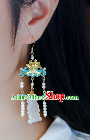 Handmade China Traditional Lotus Eardrop Accessories National Jade Jewelry Cheongsam Pearls Tassel Earrings