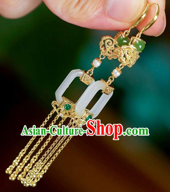 Handmade China Cheongsam Golden Tassel Earrings Traditional National Jewelry Jade Eardrop Accessories