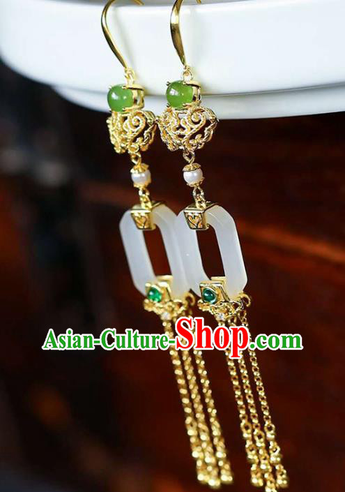 Handmade China Cheongsam Golden Tassel Earrings Traditional National Jewelry Jade Eardrop Accessories