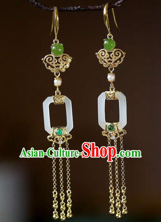 Handmade China Cheongsam Golden Tassel Earrings Traditional National Jewelry Jade Eardrop Accessories