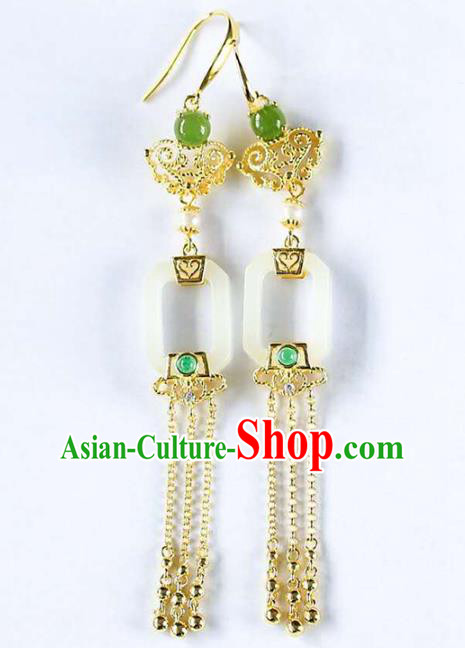 Handmade China Cheongsam Golden Tassel Earrings Traditional National Jewelry Jade Eardrop Accessories