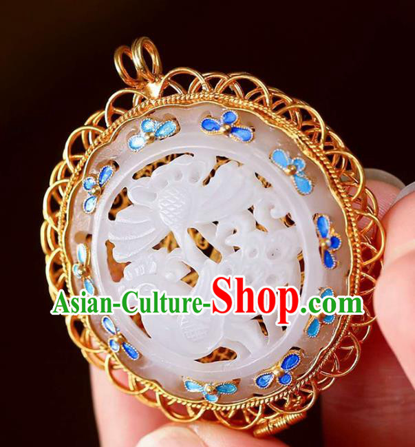 Chinese National Classical Golden Sachet Necklace Accessories Handmade Jade Carving Lotus Necklet Pendant