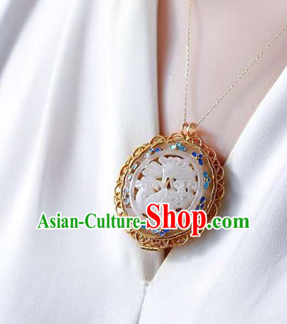 Chinese National Classical Golden Sachet Necklace Accessories Handmade Jade Carving Lotus Necklet Pendant