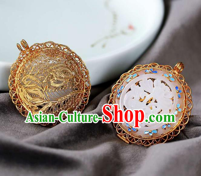 Chinese National Classical Golden Sachet Necklace Accessories Handmade Jade Carving Lotus Necklet Pendant