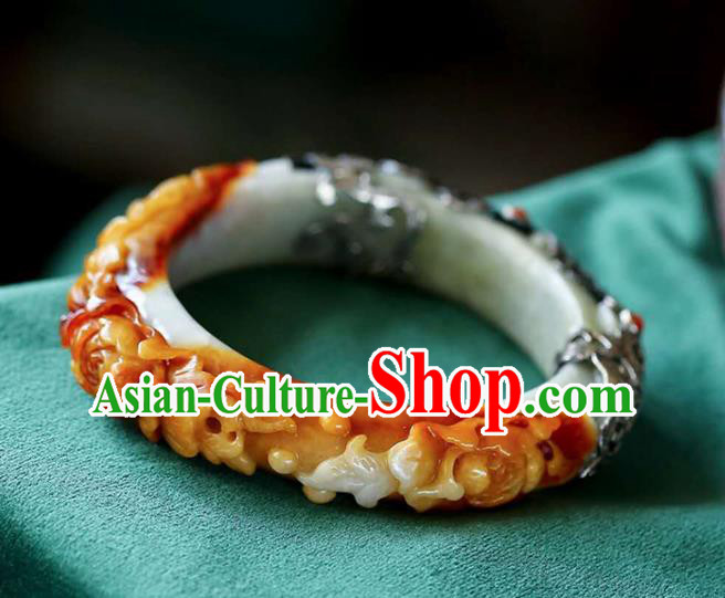 China Handmade Jade Carving Bracelet Traditional Jewelry Accessories National Silver Bangle