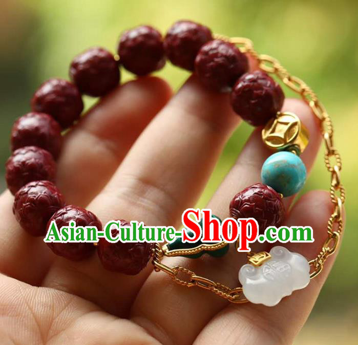 China Handmade Jade Lock Bracelet Traditional Jewelry Accessories National Vermilion Carving Lotus Bangle