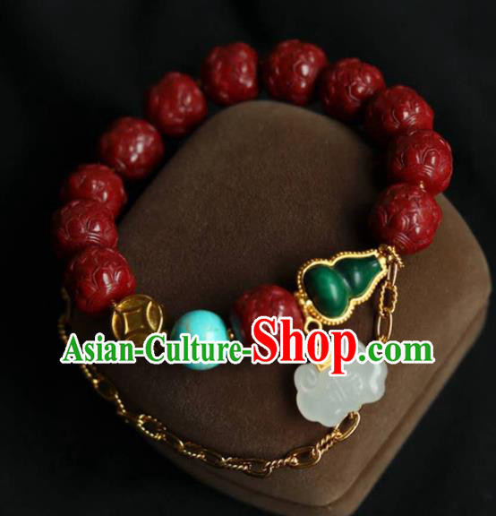 China Handmade Jade Lock Bracelet Traditional Jewelry Accessories National Vermilion Carving Lotus Bangle