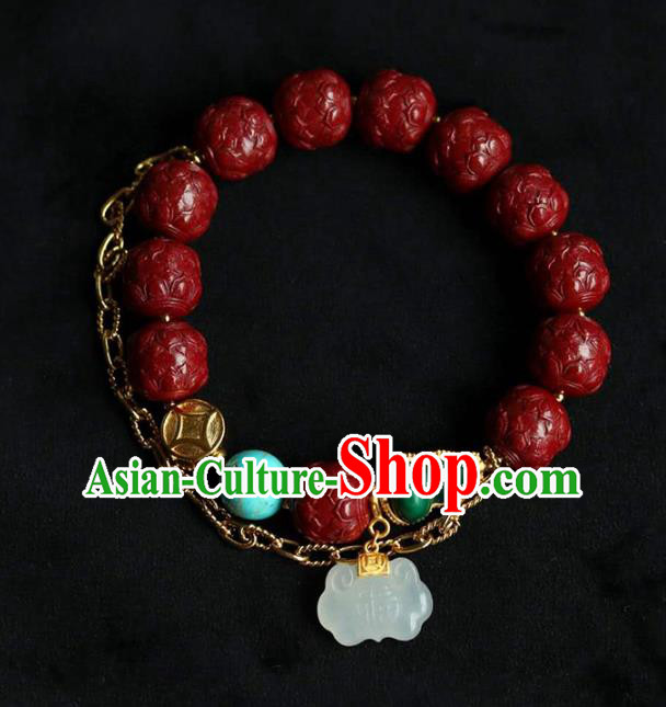 China Handmade Jade Lock Bracelet Traditional Jewelry Accessories National Vermilion Carving Lotus Bangle