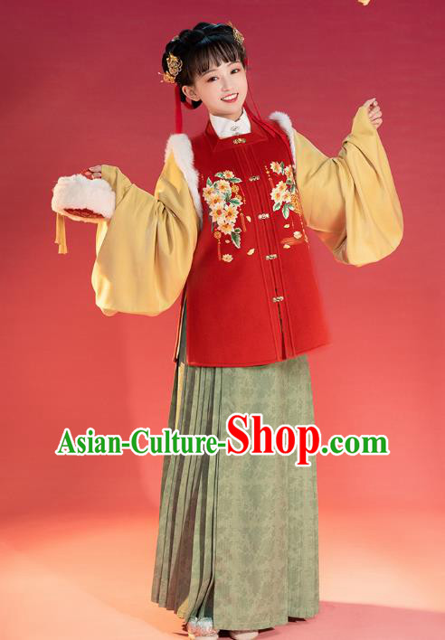 China Traditional Ming Dynasty Young Lady Historical Clothing Ancient Patrician Beauty Winter Hanfu Costume