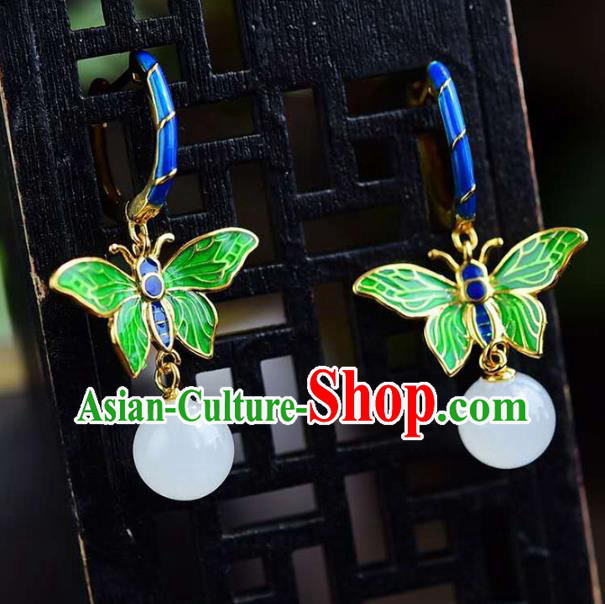 Handmade China National Cloisonne Green Butterfly Earrings Traditional Jewelry Cheongsam Hetian Jade Eardrop Accessories